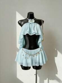 Aloruh Bộ áo liền quần đi biển hở lưng họa tiết hoa cho nữ, trang phục mùa hè, quần áo đi biển cho nữ, trang phục nghỉ mát, trang phục du lịch, phong cách boho nhiệt đới, trang phục nghỉ mát nhiệt đới cho nữ, bộ áo liền quần màu xanh nhạt xếp nếp với thiết kế hở lưng và họa tiết hoa 3D gợi cảm ở phía trước, hoàn hảo cho kỳ nghỉ. Áo croptop - Màu xanh lam - Xem 6