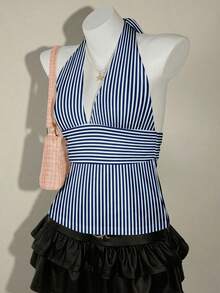 SHEIN ICON Halter Deep V-Neck Cinched Waist A-Line Backless Camisole - Navy Blue - View 6