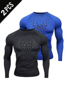 Manfinity Sport Corelite 男士蜘蛛印花圆领褶裥长袖运动T恤 - 黑色 - 查看 1