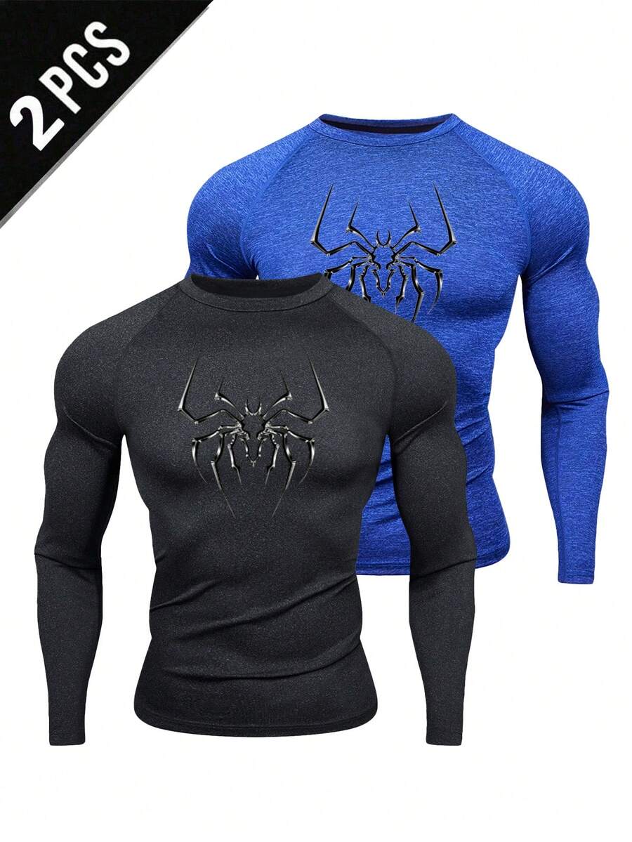 Manfinity Sport Corelite 男士蜘蛛印花圆领褶裥长袖运动T恤 - 黑色 - 查看 1