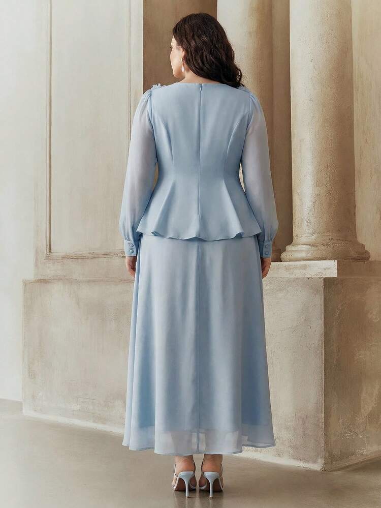 Spring/Summer New Elegant Fashion Outing, Work, Date, Holiday, New Year, Valentine's Day Pearl Embroidered 3D Floral Decor 2 In 1 Long Sleeve Plus Size Women Long Dress