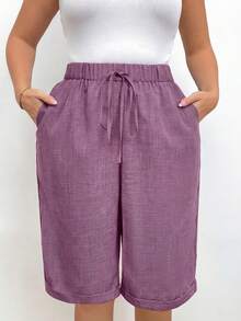 EMERY ROSE Plus Size Women Solid Color Drawstring Waist Pocket Casual Versatile Daily Wear Shorts - Dusty Pink - View 4
