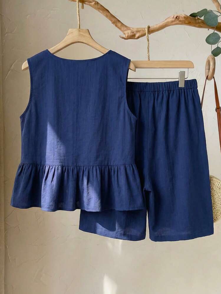 Plus Size Women Ruffle Hem Sleeveless Top And Slant Pocket Shorts Set 2 Piece Set Two Piece Set Zanzea Terno Pants And Blouse Pijams Summer Set For Woman,Summer Holiday Outfits Zoey Outfit Zoo Outfits Women Zip Up Top Zipper Top Linen 2 Piece Set Blouse Skirt Set Two Piece Set For Ladies Matching Top And Shorts Set Two Piece Outfit Women