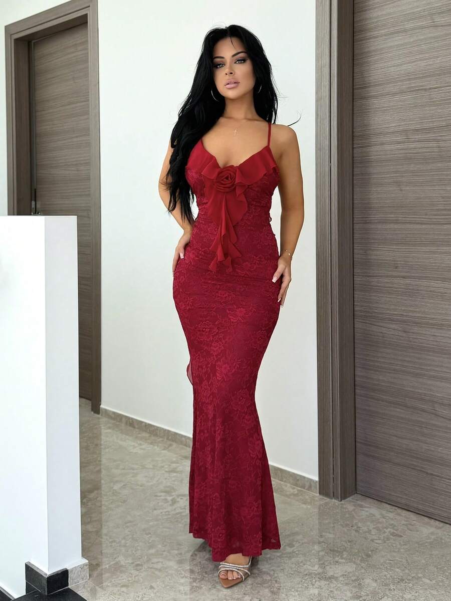 Vassilux Women's Elegant Romantic 3D Floral Decor Valentine's Day / Vacation Sleeveless Dress With See-Through Lace Patchwork And Ruffle Hem Party - Burgundy - View 1