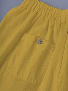 SHEIN LUNE CURVE Plus Size Washed Cotton Cinched Waist Backpocket Button Decor Cropped Women Shorts - Yellow - View 4