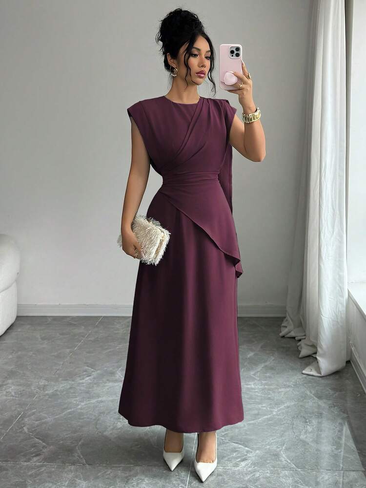 Elenzga Đầm maxi nữ mùa xuân/hè kiểu Pháp lãng mạn, thanh lịch, thường ngày, phù hợp đi làm, đi nghỉ mát, dự tiệc trà chiều, ngày Valentine, màu trơn, cổ tròn, vai rộng, eo xếp ly, thắt lưng buộc eo, dáng suông, không tay, đầm nữ mới nhất, đầm nữ dự tiệc, đầm chất lượng cao, đầm nữ thanh lịch cổ điển - Màu đỏ tím - Xem 8