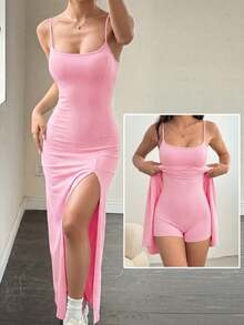 SHEIN EZwear Đầm hai dây màu hồng dáng lửng ôm sát dành cho nữ, phong cách tối giản, thoải mái, thích hợp mặc hàng ngày. - Hồng - Xem 3