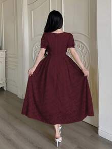 Modelyn Cut-Out Waist Flare Hem Women's Square Neck Fashionable Long Dress With 3D Floral Decor - Burgundy - View 2