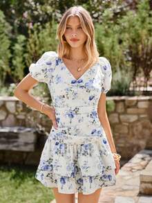 KARISMINA Vestido corto de unicolor con escote en V y manga corta para mujer, adecuado para vacaciones de primavera/verano - Azul y blanco - Ver 4