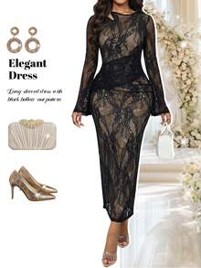 Fleurora Đầm Maxi Tay Dài Thanh Lịch Cho Nữ, Dự Tiệc Đi Làm, Đi Nghỉ, Cổ Khoét Khoét Ren Đan, Khóa Kim Loại, Trang Trí Thanh Lịch, Phù Hợp Cho Bốn Mùa - màu đen - Xem 1