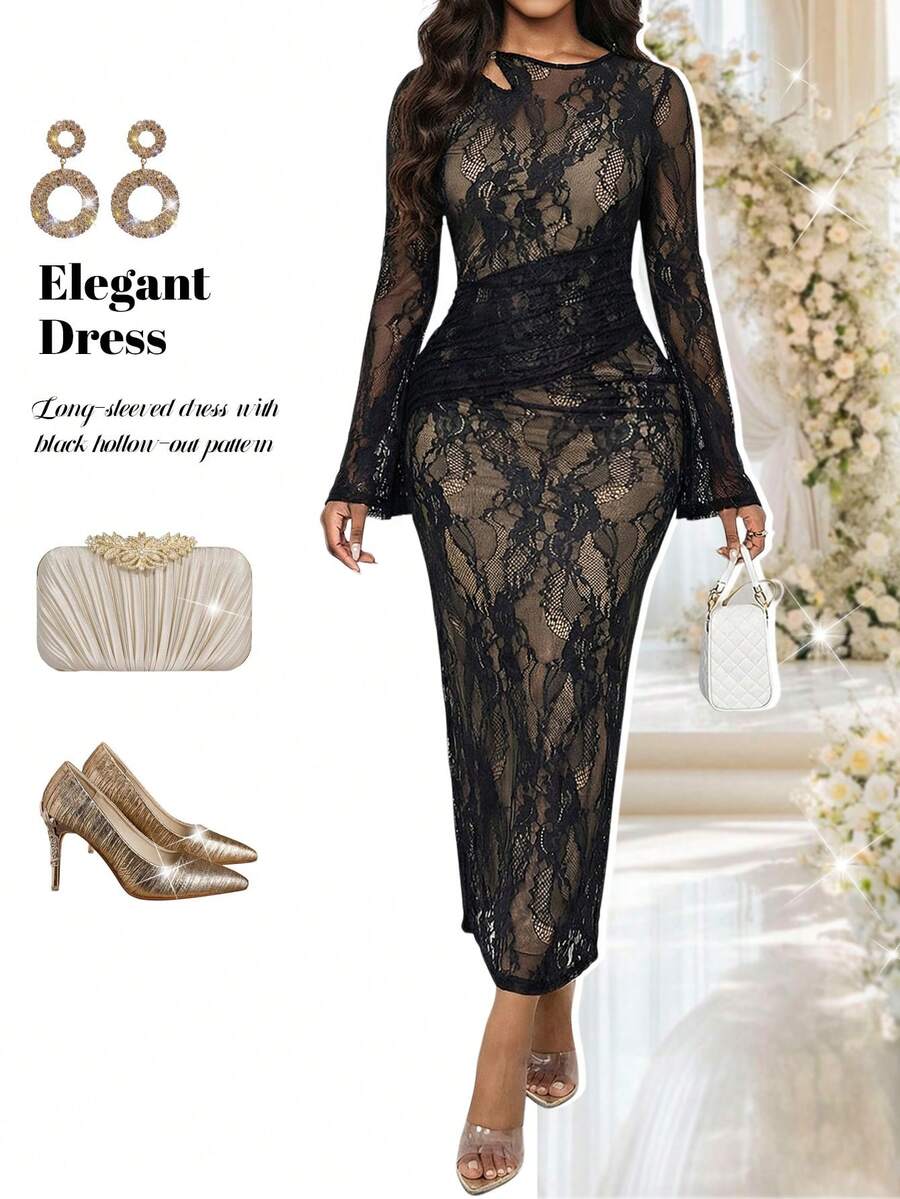Fleurora Đầm Maxi Tay Dài Thanh Lịch Cho Nữ, Dự Tiệc Đi Làm, Đi Nghỉ, Cổ Khoét Khoét Ren Đan, Khóa Kim Loại, Trang Trí Thanh Lịch, Phù Hợp Cho Bốn Mùa - màu đen - Xem 1