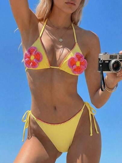 Swim Mod Conjunto de bikini de verano para mujer con top halter de ganchillo floral y sexy