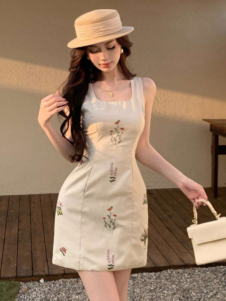 Spring & Summer Floral Print Embroidered Vest Dress, Elegant For Valentine's Day, Wedding, Party, Fashion Event, Waist-Cinching Fitted Short Dress For Women