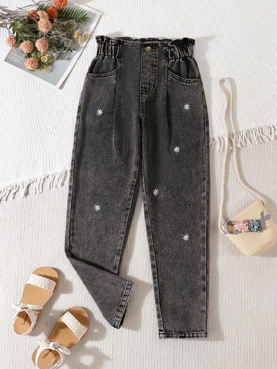 SHEIN Vintaside Kids 女童刺绣休闲牛仔裤，秋季优雅风尚