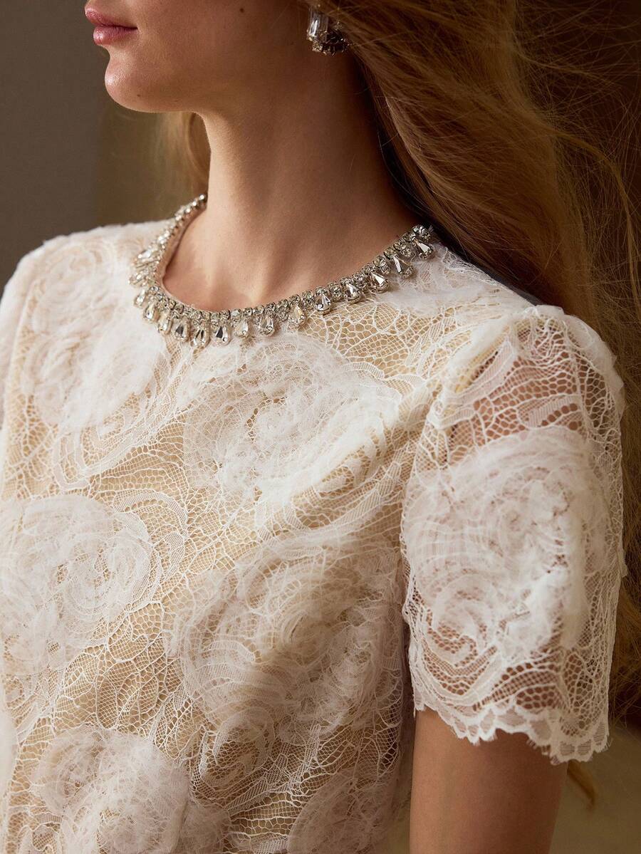 MOTF PREMIUM LACE JACQUARD RHINESTONE DETAIL DRESS - Apricot - View 2