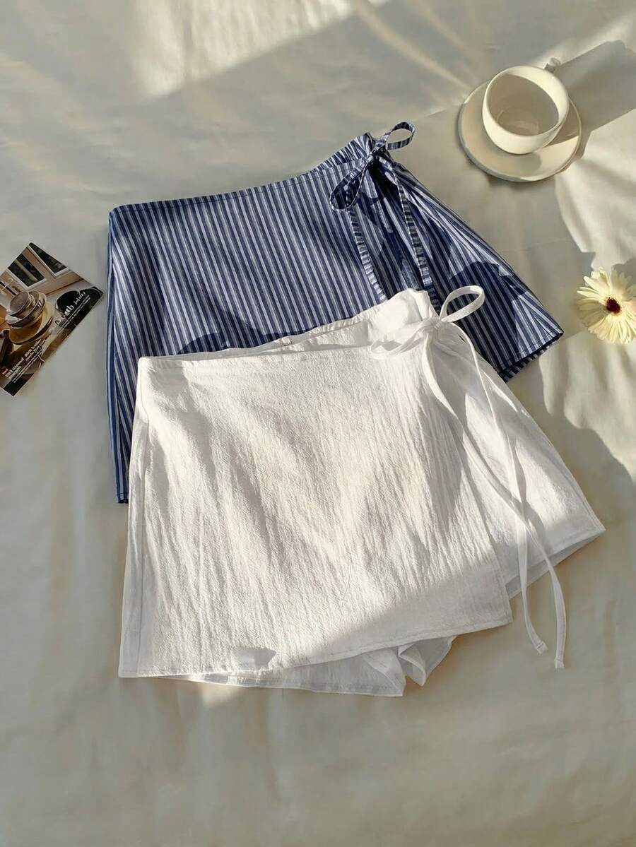 SHEIN Comfortcana 2026春夏新款100%纯棉白色裤裙套装，包含白色裤裙和黑色条纹裤裙，多件套设计，适合女性度假、复活节、圣帕特里克节、派对、婚礼、毕业典礼、优雅、休闲、奢华、外出、正式场合、情人节、狂欢节、海滩、假日、休闲、街头、大学、时尚、通勤、商务等各种场合。 - 彩色 - 查看 1