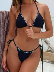 Swim SXY Conjunto de bikini sexy para mujer con escote halter, atado lateral, recortes, decoración de cadena con cuentas y espalda descubierta - Negro - Ver 5