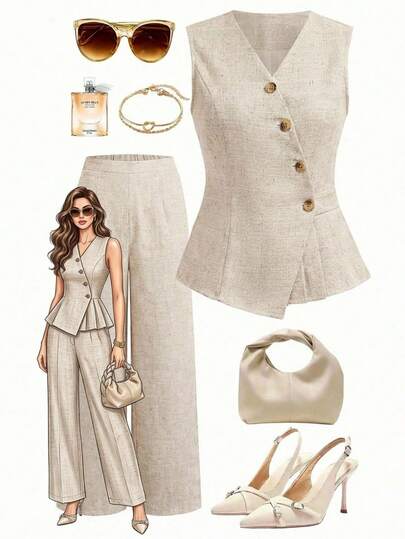 Ellevyn Pantaloni damă kaki plisați, fără mâneci, cu decolteu în V, talie înaltă, fără pliuri, stil elegant de zi cu zi, ținută de birou în culoare uni, set de 2 piese primăvară/vară