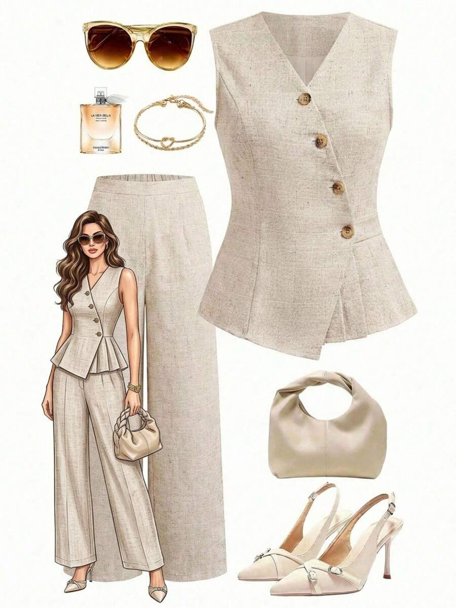 Ellevyn Quần kaki ống đứng xếp ly, không tay, cổ chữ V, cạp chun dành cho nữ, kiểu dáng thanh lịch, thích hợp mặc hàng ngày, màu trơn, phù hợp đi làm văn phòng, bộ 2 món mùa xuân/hè. - Màu Khaki - Xem 1