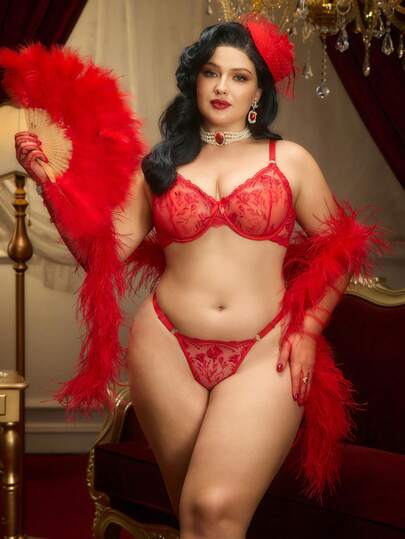 Plus Size Women Red Embroidered Bow Sexy Push-Up Bra Set