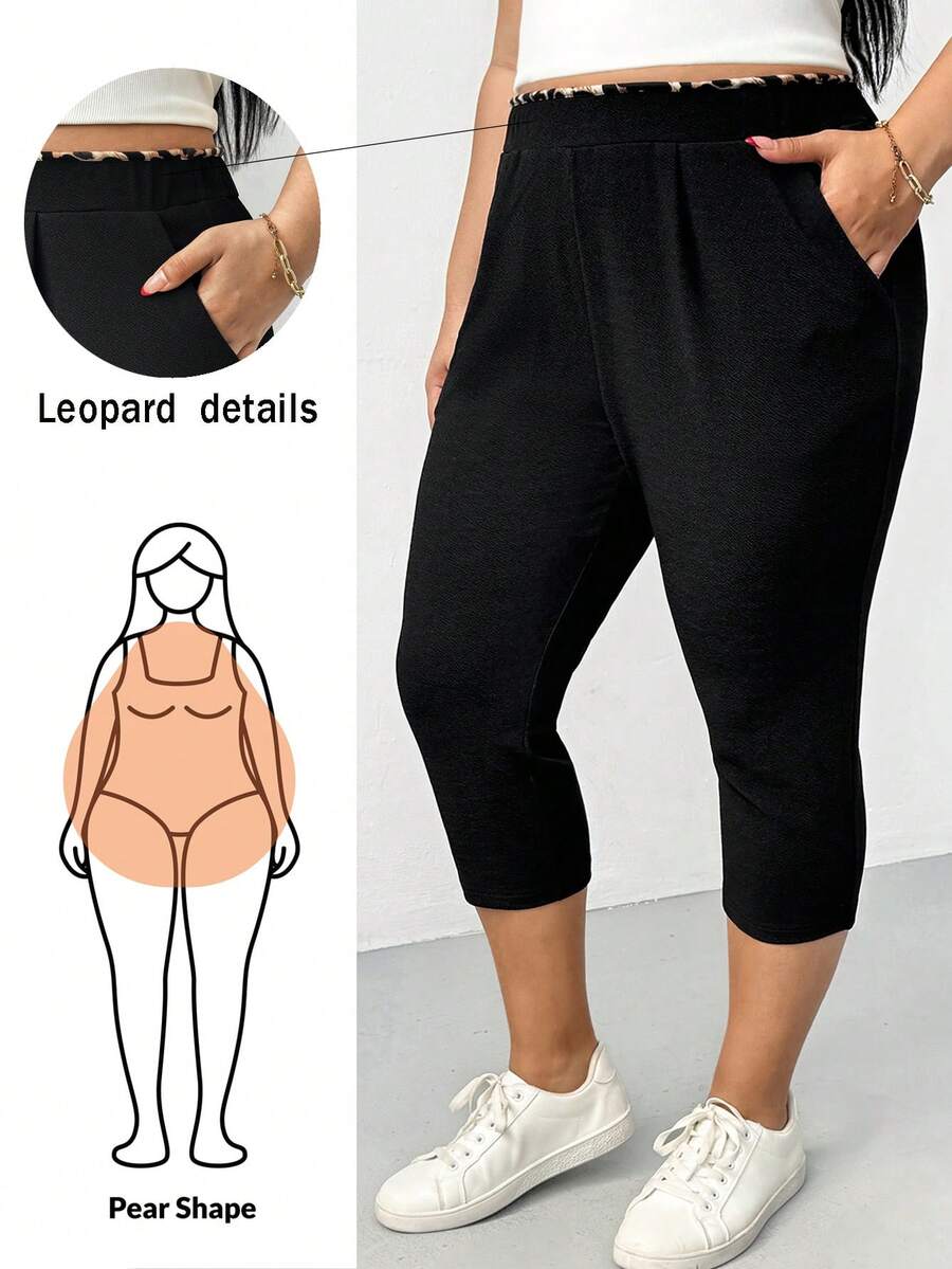 Shapeblank Plus-Size Women's Spring/Summer Fashionable Casual Stretch Comfortable Everyday Basic Versatile Slimming Black Capri Pants,Summer Outfits,Work Pants,Simple Style Plus Size Capri Pants Plus Size Capris For Women Plus Size Bottoms Plus Size Sweat Pants Leggings For Women Plus Size - Black - View 1