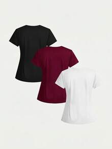 TaskEZ Solid Color V-Neck Short Sleeve Pocket Scrub Uniform Top - Multicolor - View 2