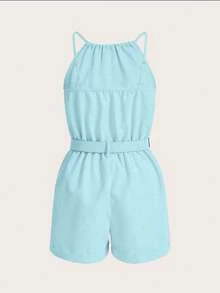 SHEIN LUNE Solid Color Round Neck Pleated Belt Jumpsuit - Light Wash - View 2