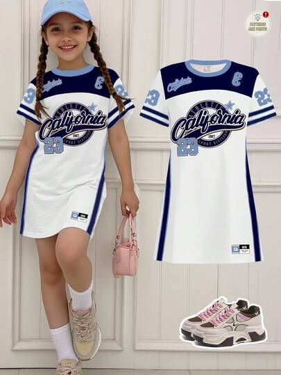 Tween Girls' Casual Retro Letter & Number Badge Graphic Short Sleeve Mid-Length Dress, Sporty Chic Style, Suitable For Summer Cool Wear Collection, Girls' Chroma Select, Back To School, SS Korean Style, Effortless Athletic, Outfit, Kids Graphic T-Shirts, Athleisure, Summer Outfits, Grad Ready