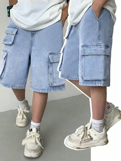 Tween Boy Fashion Casual Vintage Cool Street Blue Denim Loose And Comfortable Pocket Design Cargo Style Shorts For Best Daily Wear Spring To Summer Rave Festival And Streetwear New SS26 Fashion
