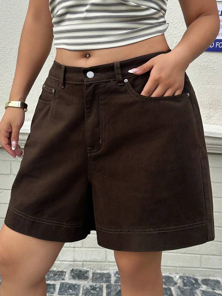 Dazy Plus Solid Color Casual Versatile Plain Denim Shorts, Plus Size Street Style For Women, Spring/Summer