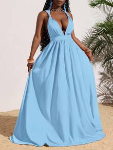 Slaydiva 女士性感纯橙色深V领露背交叉系带长裙，夏季度假 - 藍色 - 查看 5