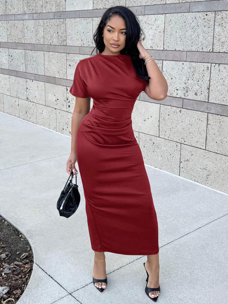Alexandranx New Solid Color Versatile Elegant Intellectual Minimalist Office Commute Ruched Decor Loose Top Tight Skirt Long Sleeve Midi Dress,Elegant Dresses For Women,Fall Wedding Guest Dress,Wedding Guest Dress Women - Burgundy - View 1