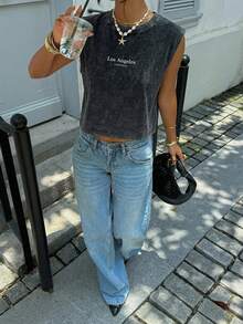 Siren Gaze 62%棉雪花印花无袖圆领露脐背心，女士休闲夏季服饰 - 黑色 - 查看 3