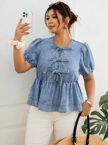 Lounesse 大码女式休闲牛仔上衣，蝴蝶结装饰，短泡泡袖 - 藍色 - 查看 6