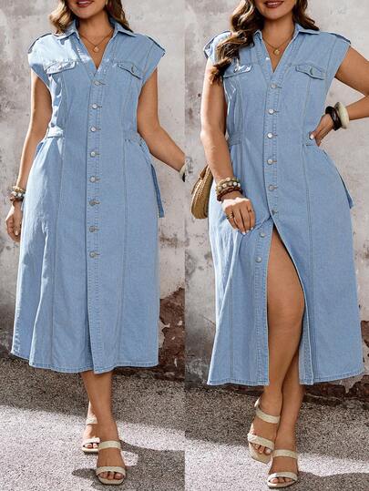 EMERY ROSE 大码女式翻领单排扣开衩休闲度假约会牛仔连衣裙