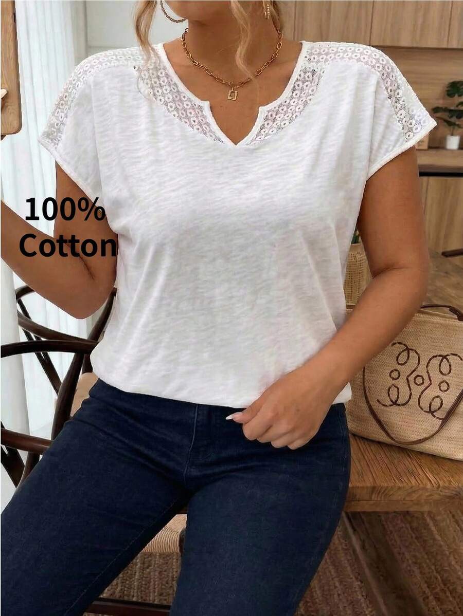 SHEIN Frenchy Summer Contrast Lace Vacation Plus Size Boho Notched Neck Tee With Cut-Out Details - White - View 1