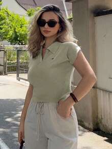 Jeta Ari Women's Solid Color Fitted Knit POLO Collar Top, Casual For Commute, Spring/Summer - Mint Green - View 4