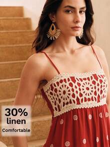 Anewsta 女士花卉刺绣褶皱休闲度假约会连衣裙 - 紅色 - 查看 1