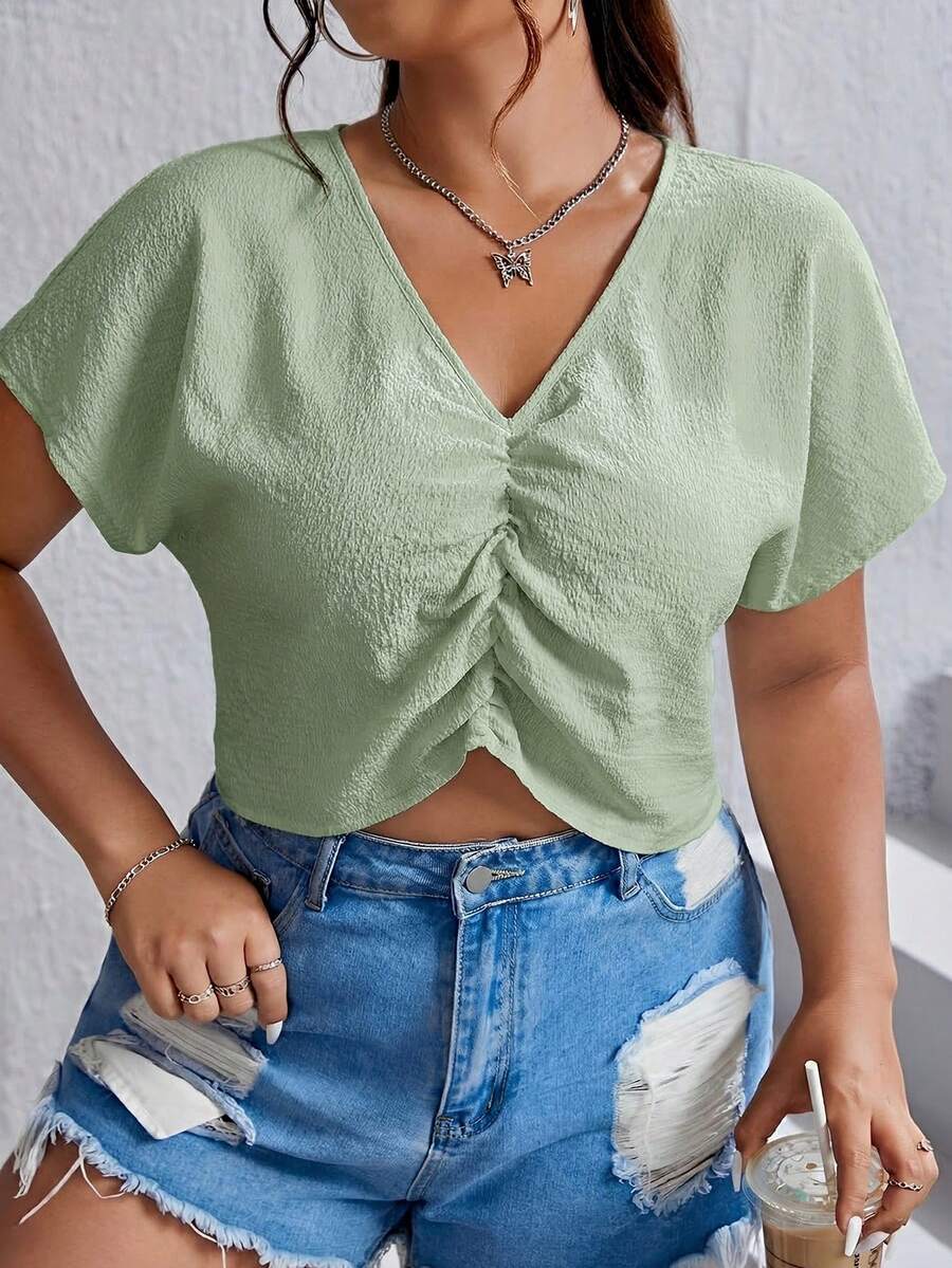 SHEIN EZwear Olive Green V-Neck Short Sleeve Blouse For Plus Size Women - Olive Green - View 1