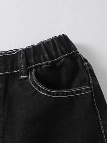 SHEIN 女童柔软水洗百搭宽松舒适简约撞色线条设计弹力腰直筒黑色水洗牛仔裤，夏季 - 黑色 - 查看 6