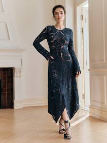 Anewsta Women's Hollow Embroidered Long Sleeve Dress - Navy Blue - View 2