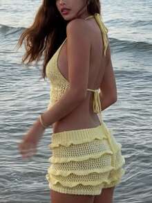 MainGRL 女士镂空露脐吊带针织上衣和荷叶边针织短裤两件套 - 淡黃色 - 查看 2