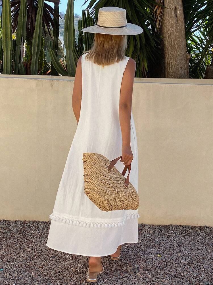 Women's Loose Solid Color Dress With Sleeveless Tassel Hem Decor, Casual Vacation Dress For Spring/Summer Sundress