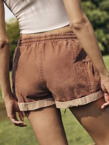 Medorelle Women's Solid Color Shorts With Drawstring, Pockets And Rolled Hem, Casual - Coral Red - View 2