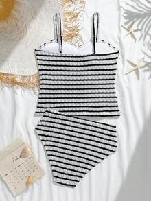 SHEIN Teen Girls' Tankini Bikini Set Set, Black & White Striped, Ruched Front Design With Spaghetti Straps, Sweet & Cool Girl Style, 2pcs, Fashionable Casual Elegant Suitable For Swimming, Summer Vacation, Beach, Pool Cute Swim Suits For Teens Bathing Suits For Teens Full Coverage Spring Summer Picks Striped Swimsuit High Waisted Bikini For Teens Bathing Suits For Teens One Piece Beach Swimsuit Summer Outfit For Women One Piece Swimsuit One Piece Swimsuit For Teens - Black and White - View 3