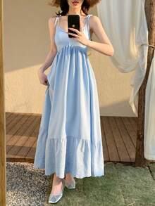 Joudiya Casual Bohemian Sleeveless Dress, Solid Blue , Suitable For Spring/Summer Beach Vacation, Chiffon Midi Dress For Commuting Sun Dresses For Women - Blue - View 8