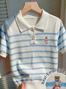 CovetEZ Áo thun nữ dệt kim kiểu dáng sinh viên, thương hiệu độc đáo, dòng sản phẩm gấu bông đang gây sốt, cổ áo polo tay ngắn cực dễ thương, phù hợp cho mùa xuân và mùa hè. - Xanh và trắng - Xem 5