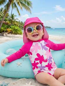SHEIN Bộ 2 món đồ bơi dài tay chống nắng phối màu họa tiết hoa cho bé gái, kèm mũ. - Màu Hồng Tươi - Xem 5