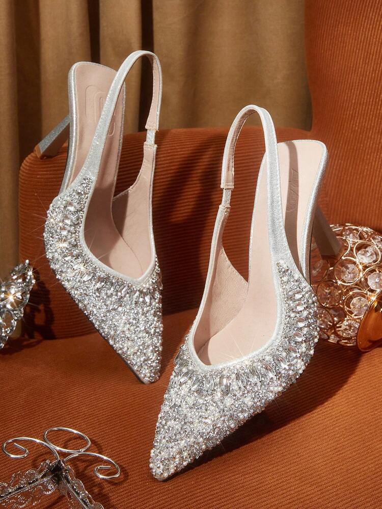 CUCCOO TILAWA Women's Pointed Toe Rhinestone Embellished High Heel Silver Sandals For Vibe And Spring Shoes Spring Break Easter Prom Heels For Christmas