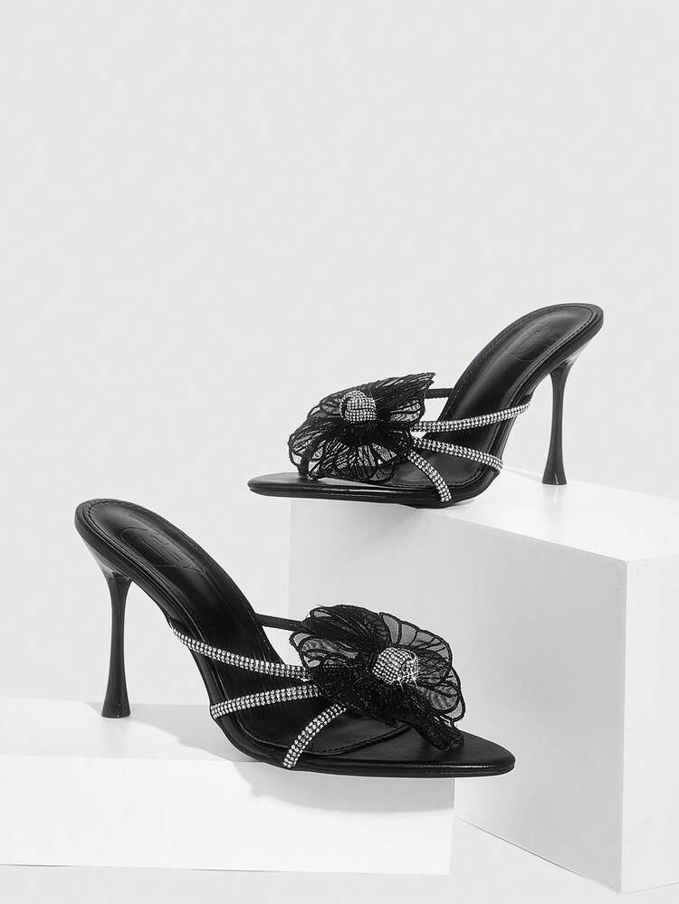 CUCCOO SZL Women Shoes Pointed Stitch Heel Black Rhinestone Strip Stereo Flower Open Toe Sexy Fashion Gorgeous Dress Banquet Party Nightclub Ladies High Heel Sandals Slippers